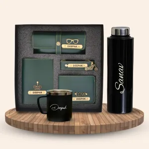 Personalised Black Classic Smart Bottle (1 Litre), Stainless Steel Mug & All in One Men's Combo (4 pcs)  - Olive Green