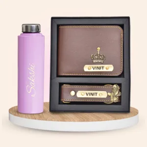 Personalised Pink Classic Smart Bottle (1 Litre) & All in One Men's Combo (2 pcs) - Brown
