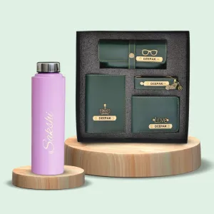Personalised Pink Classic Smart Bottle (1 Litre) & All in One Men's Combo (4 pcs)  - Olive Green