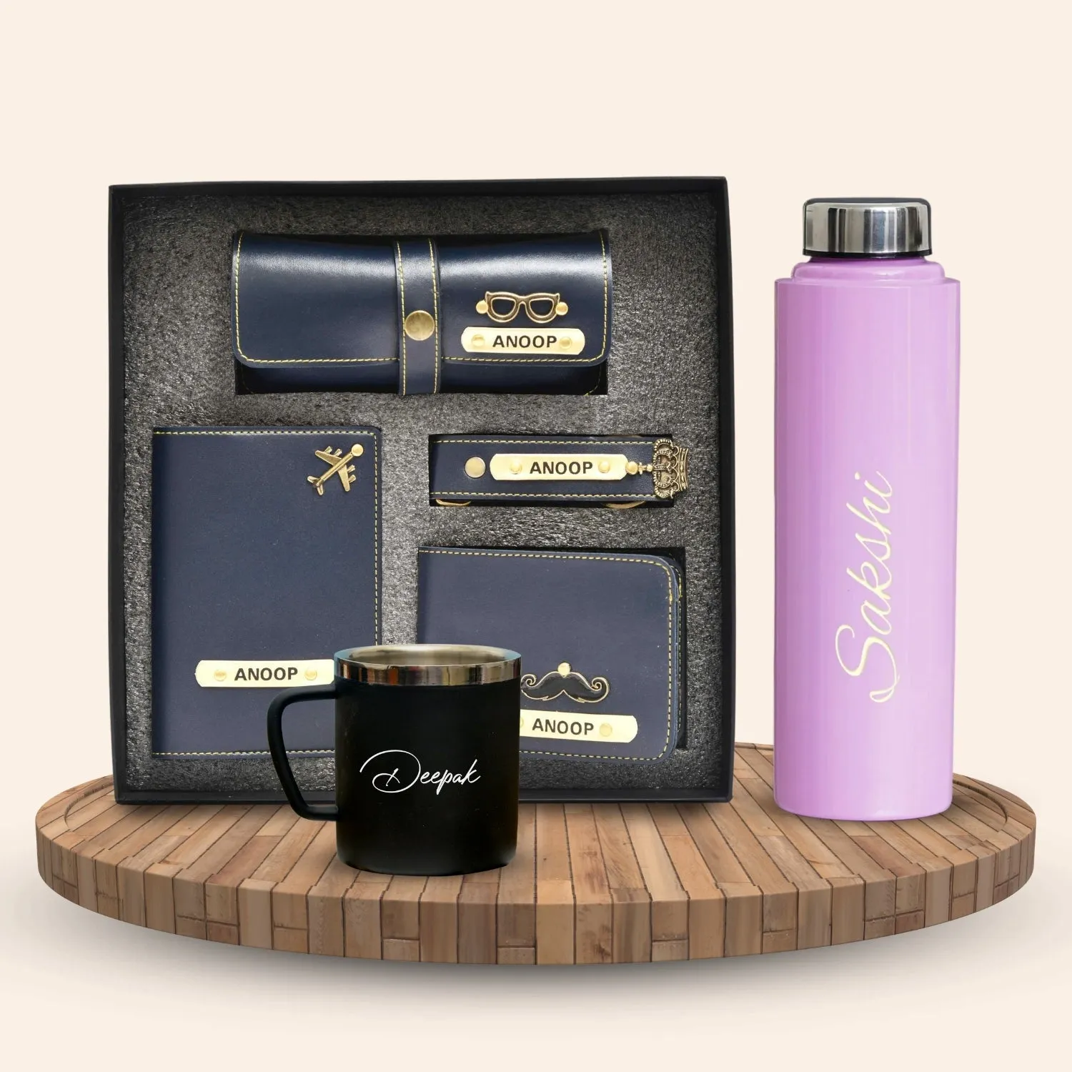 Personalised Pink Classic Smart Bottle (1 Litre), Stainless Steel Mug & All in One Men's Combo (4 pcs) - Royal Blue