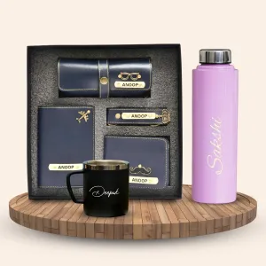 Personalised Pink Classic Smart Bottle (1 Litre), Stainless Steel Mug & All in One Men's Combo (4 pcs) - Royal Blue