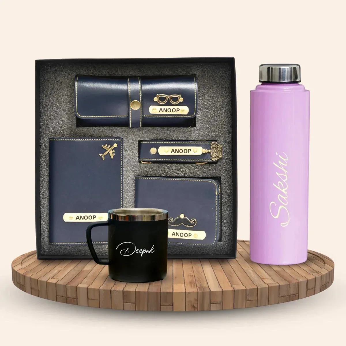 Personalised Pink Classic Smart Bottle (1 Litre), Stainless Steel Mug & All in One Men's Combo (4 pcs) - Royal Blue