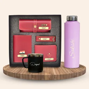 Personalised Pink Classic Smart Bottle (1 Litre), Stainless Steel Mug & All in One Men's Combo (4 pcs) - Wine