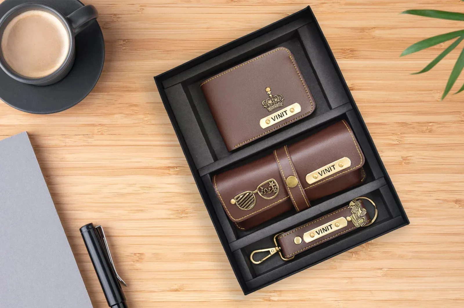 Personalised Violet Classic Smart Bottle (1 Litre) & All in One Men's Combo (3 pcs) - Brown