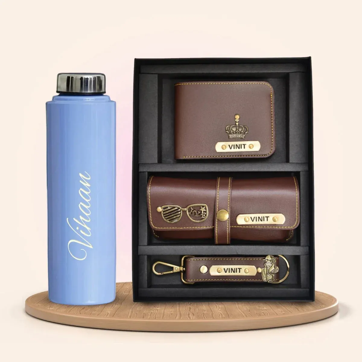Personalised Violet Classic Smart Bottle (1 Litre) & All in One Men's Combo (3 pcs) - Brown