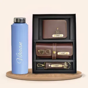 Personalised Violet Classic Smart Bottle (1 Litre) & All in One Men's Combo (3 pcs) - Brown