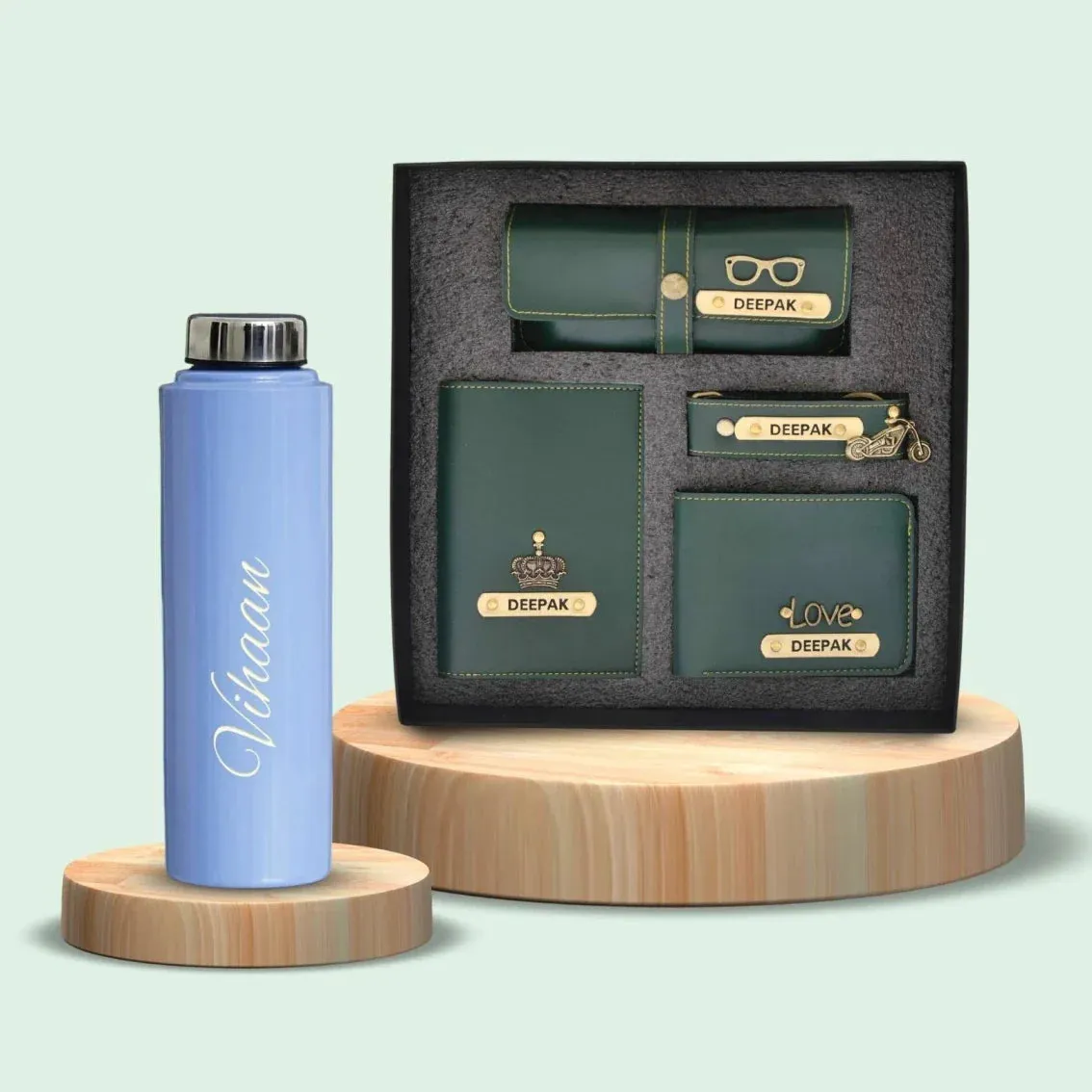 Personalised Violet Classic Smart Bottle (1 Litre) & All in One Men's Combo (4 pcs)  - Olive Green