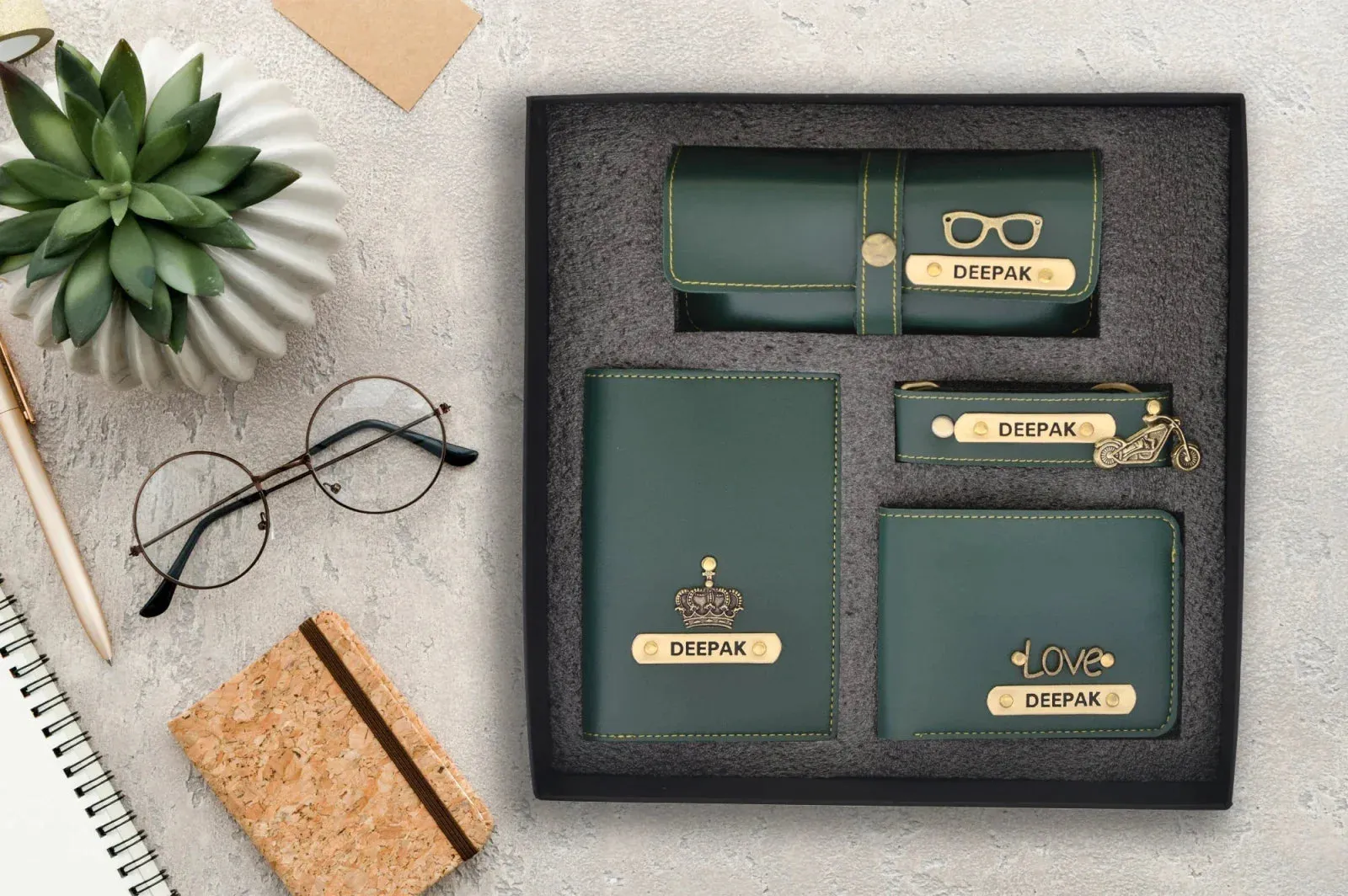 Personalised Violet Classic Smart Bottle (1 Litre) & All in One Men's Combo (4 pcs)  - Olive Green