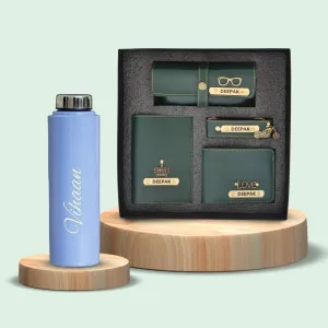 Personalised Violet Classic Smart Bottle (1 Litre) & All in One Men's Combo (4 pcs)  - Olive Green