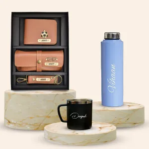 Personalised Voilet Classic Smart Bottle (1 Litre), Stainless Steel Mug & All in One Men's Combo (3 pcs) - Tan