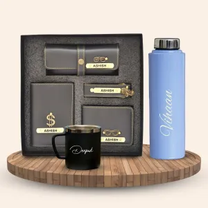 Personalised Voilet Classic Smart Bottle (1 Litre), Stainless Steel Mug & All in One Men's Combo (4 pcs)  - Grey