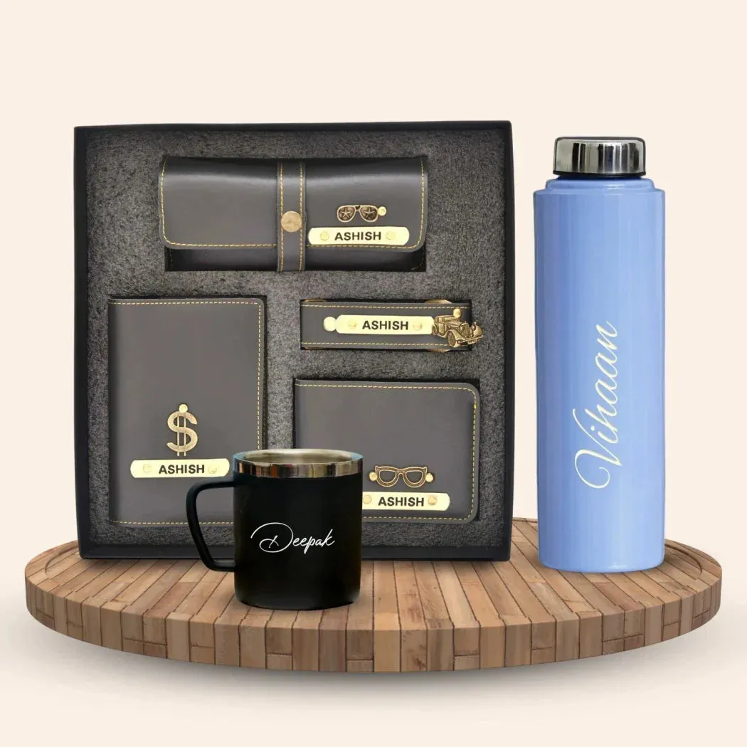 Personalised Voilet Classic Smart Bottle (1 Litre), Stainless Steel Mug & All in One Men's Combo (4 pcs)  - Grey