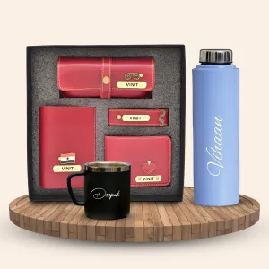 Personalised Voilet Classic Smart Bottle (1 Litre), Stainless Steel Mug & All in One Men's Combo (4 pcs) - Wine