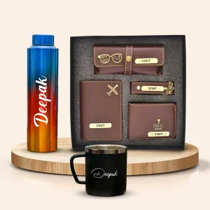 Personalized All in One Men's Combo (4 pcs) & Rainbow Classic Bottle 1Litre & Stainless Steel Mug - Brown