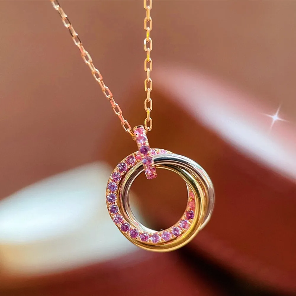 Pink Sapphire Interlocking Triple Circles Pendant Necklace