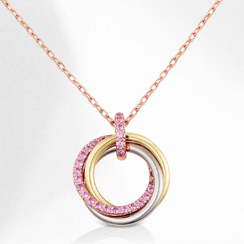 Pink Sapphire Interlocking Triple Circles Pendant Necklace