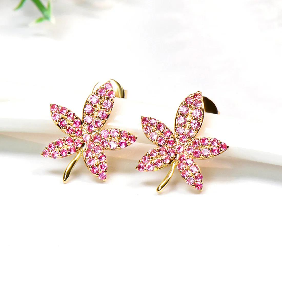 Pink Sapphire Maple Leaf Stud Earrings