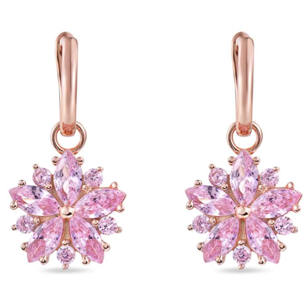 Pink Sapphire Sakura Flower Huggie Hoop Dangle Earrings