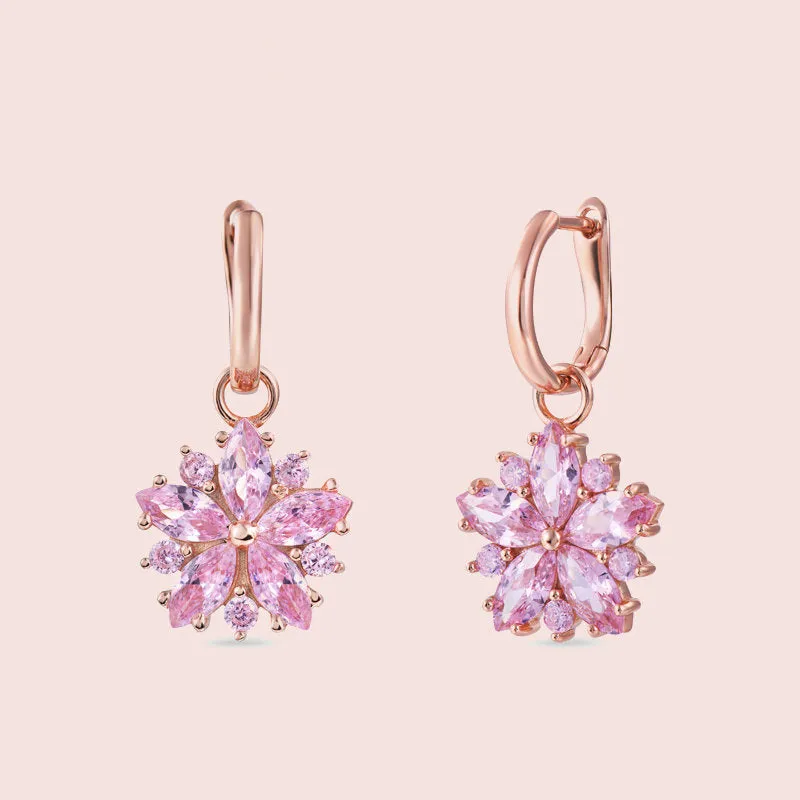 Pink Sapphire Sakura Flower Huggie Hoop Dangle Earrings
