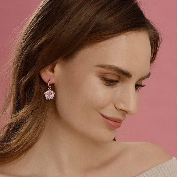 Pink Sapphire Sakura Flower Huggie Hoop Dangle Earrings