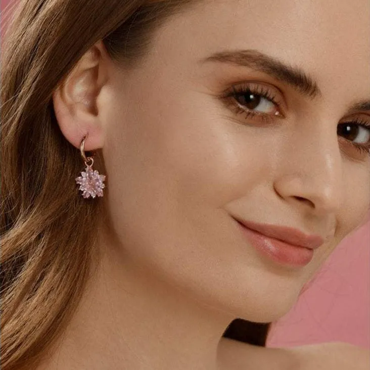 Pink Sapphire Sakura Flower Huggie Hoop Dangle Earrings