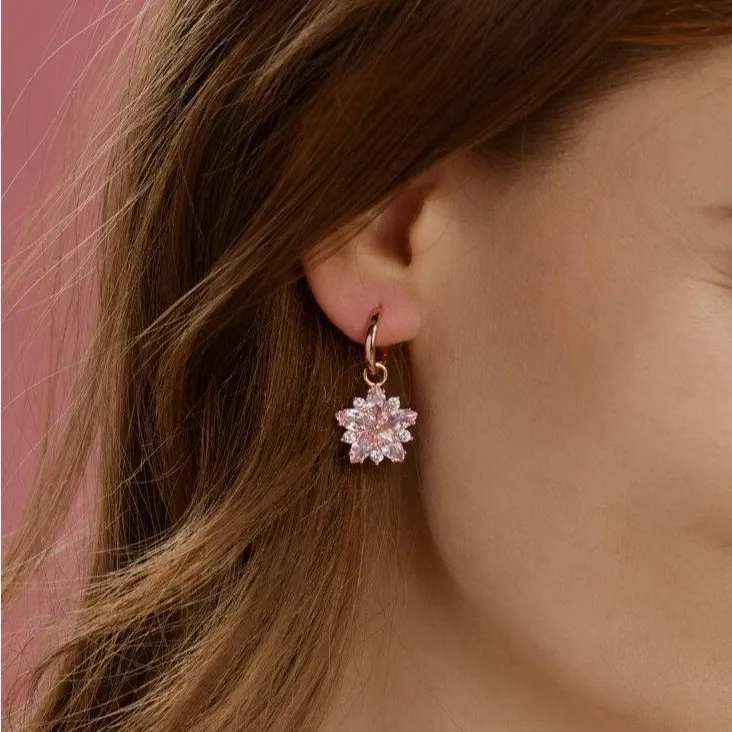 Pink Sapphire Sakura Flower Huggie Hoop Dangle Earrings