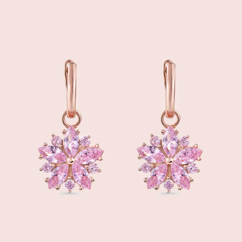 Pink Sapphire Sakura Flower Huggie Hoop Dangle Earrings