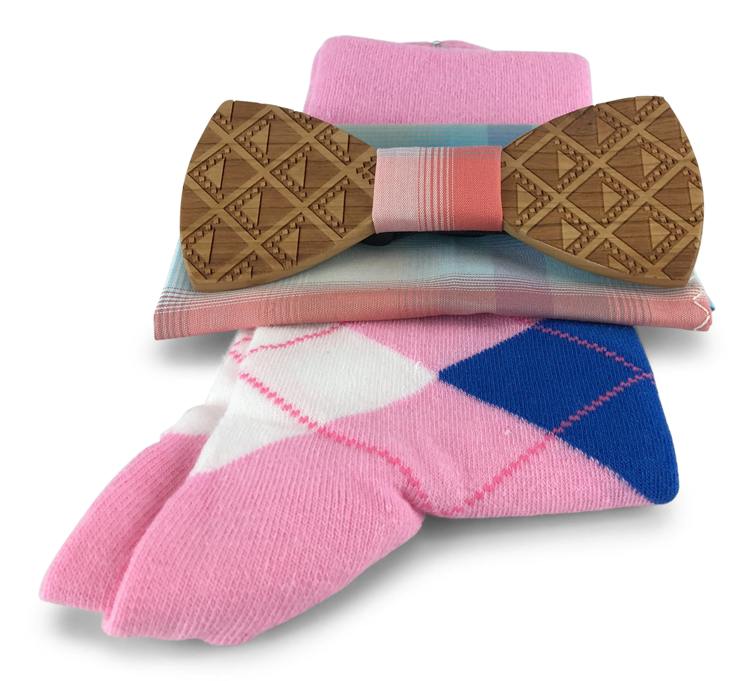 Premium Wooden Bow Tie with Matching Pocket Square and Cotton Blend Mens Socks
