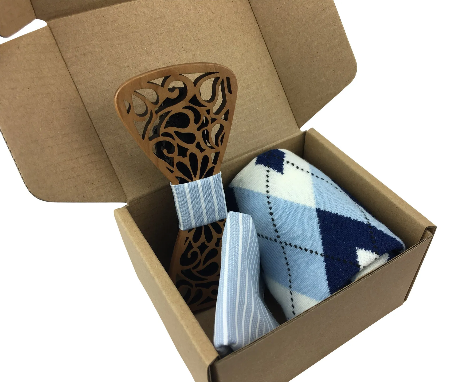 Premium Wooden Creative Handmade Bowtie with Matching Cotton Mens Blend Sock