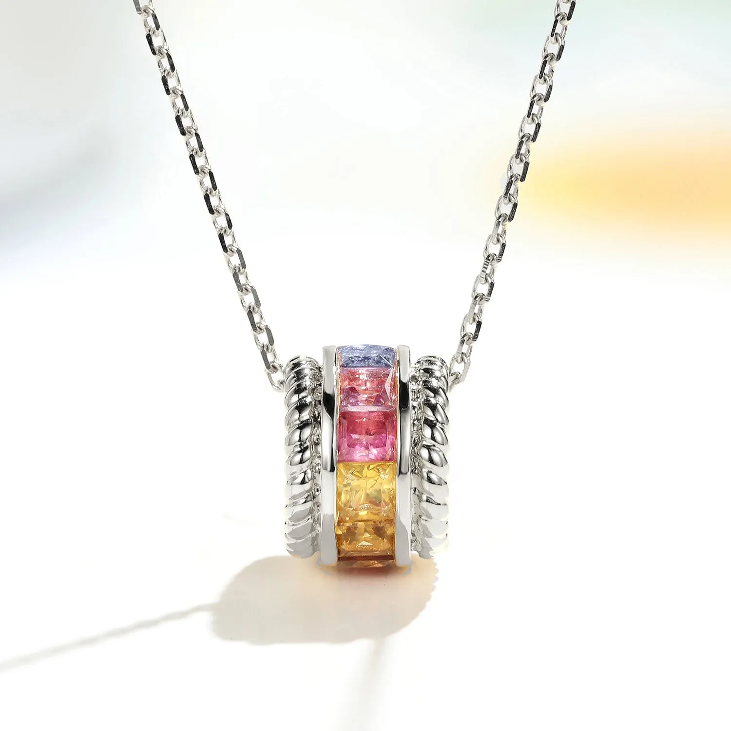 Rainbow Sapphire Cylinder Pendant Necklace