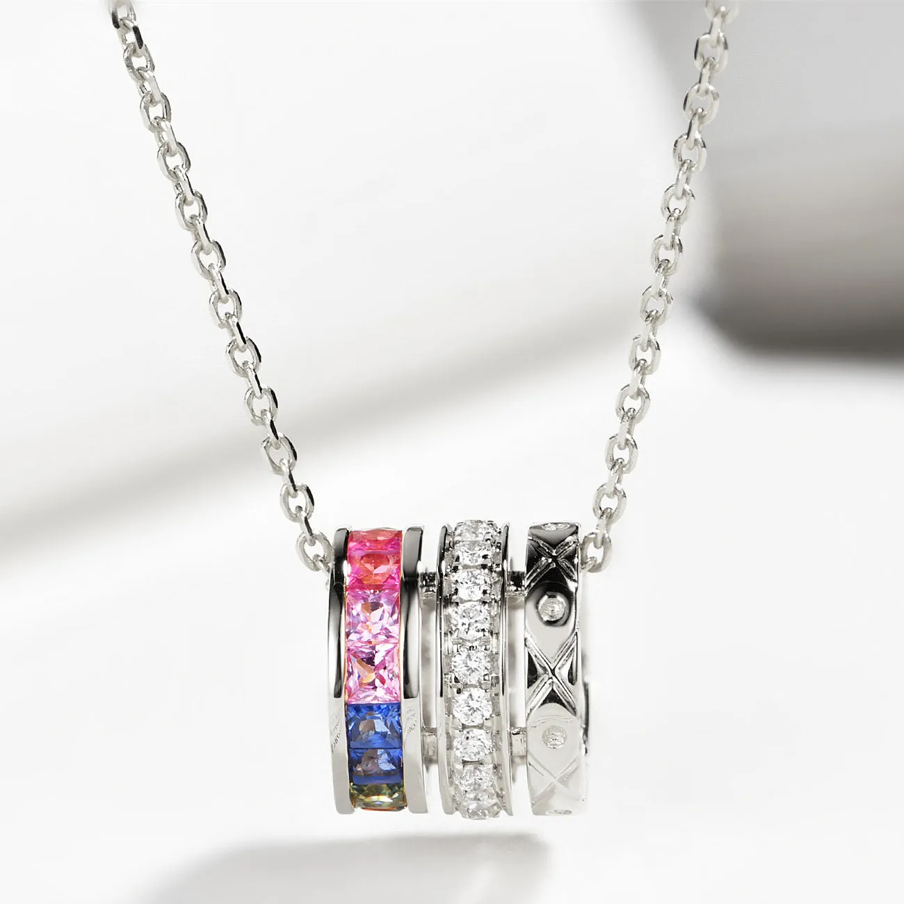 Rainbow Sapphire Diamond Cylinder Rolling Necklace