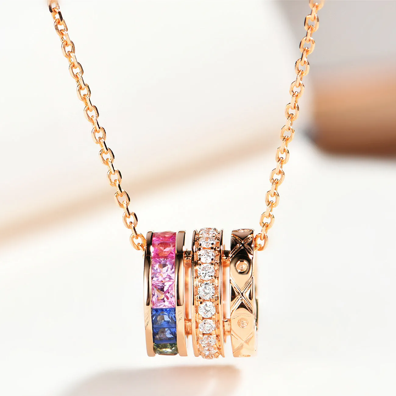 Rainbow Sapphire Diamond Cylinder Rolling Necklace
