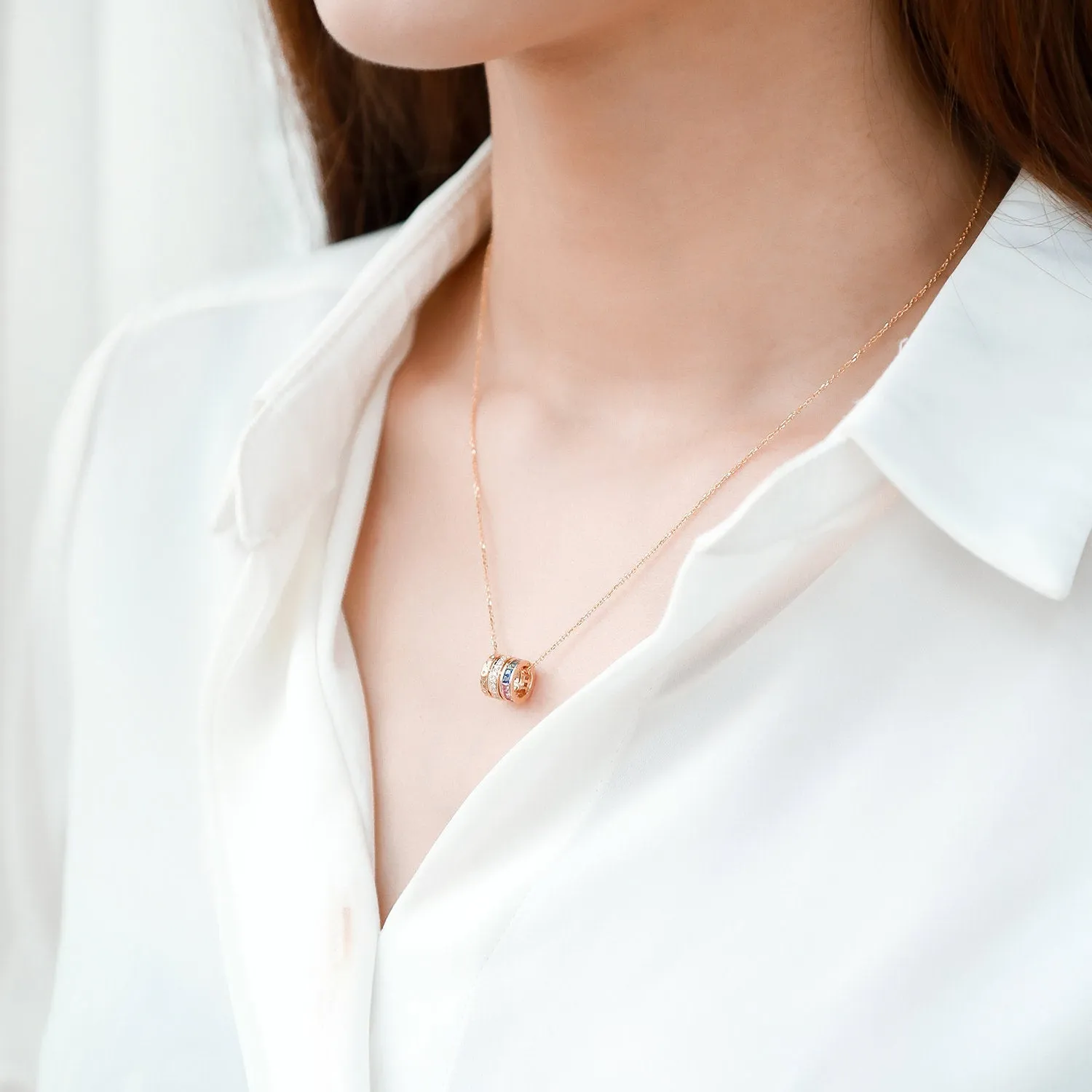Rainbow Sapphire Diamond Cylinder Rolling Necklace