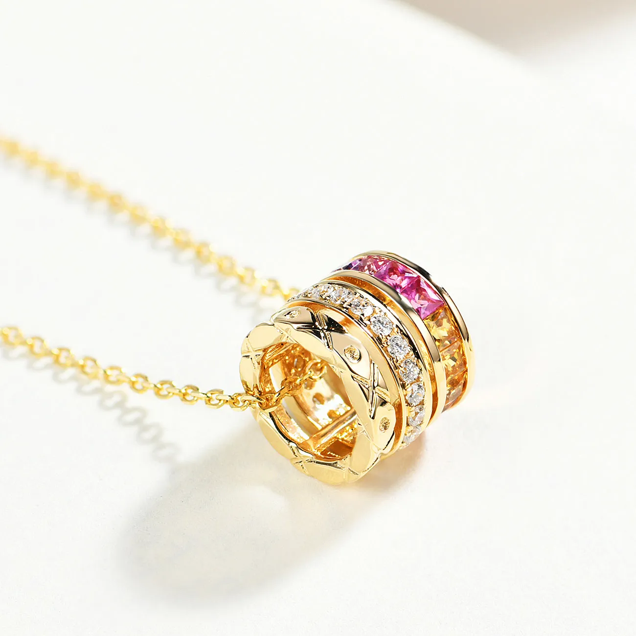Rainbow Sapphire Diamond Cylinder Rolling Necklace