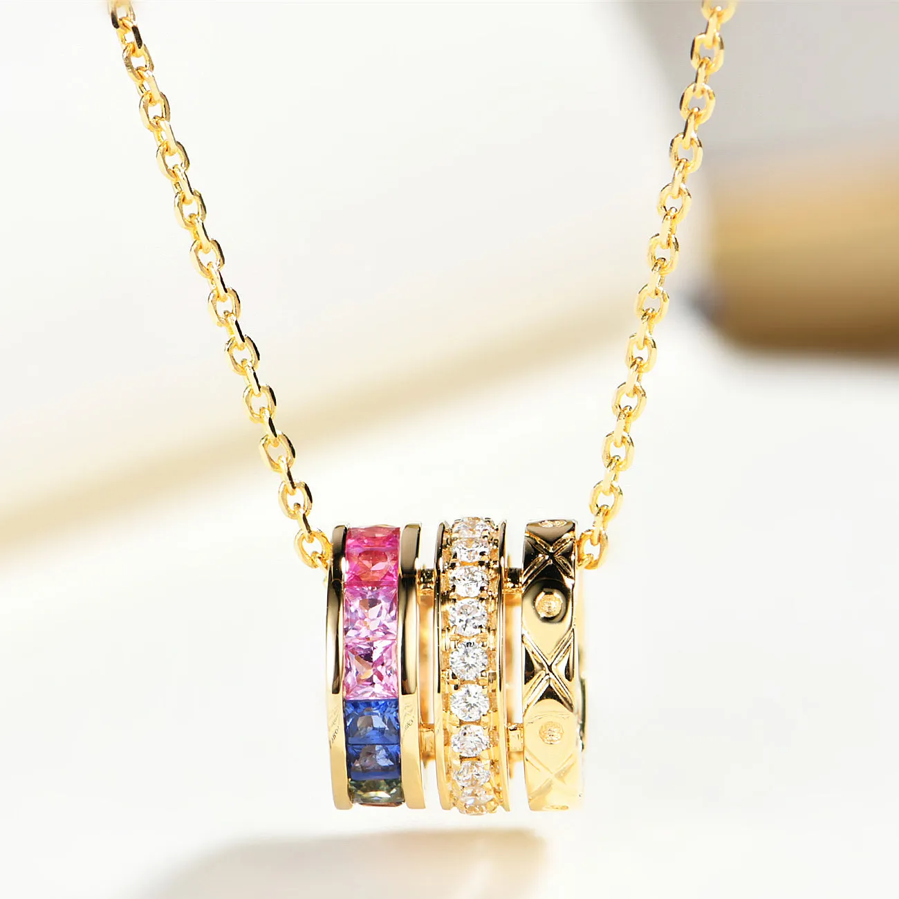 Rainbow Sapphire Diamond Cylinder Rolling Necklace