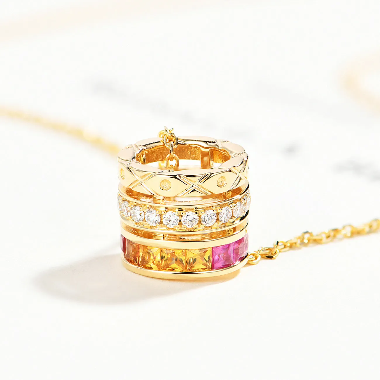 Rainbow Sapphire Diamond Cylinder Rolling Necklace