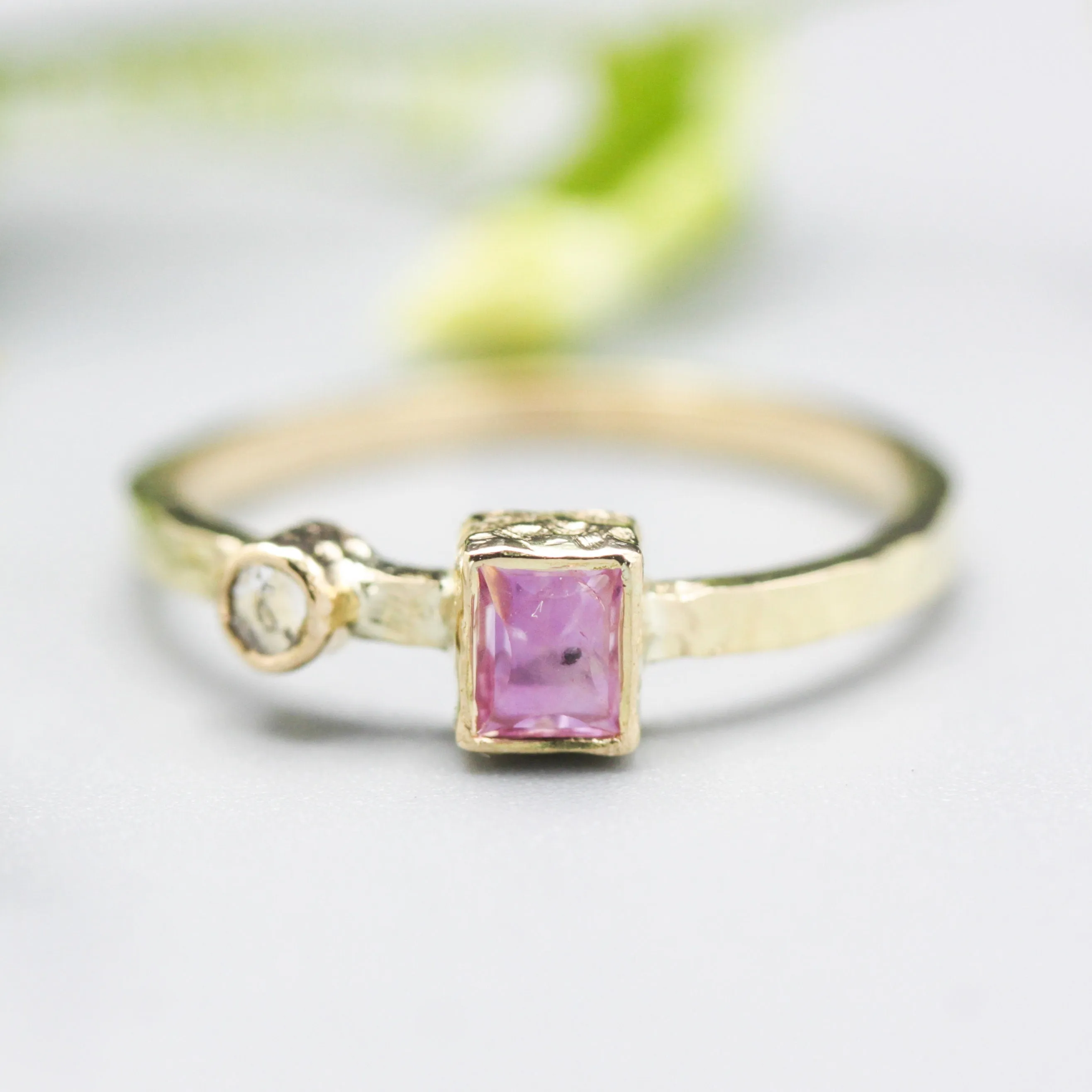 Rectangle Pink sapphire ring and tiny round diamond with 18k gold texture band