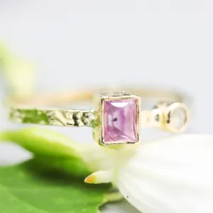 Rectangle Pink sapphire ring and tiny round diamond with 18k gold texture band