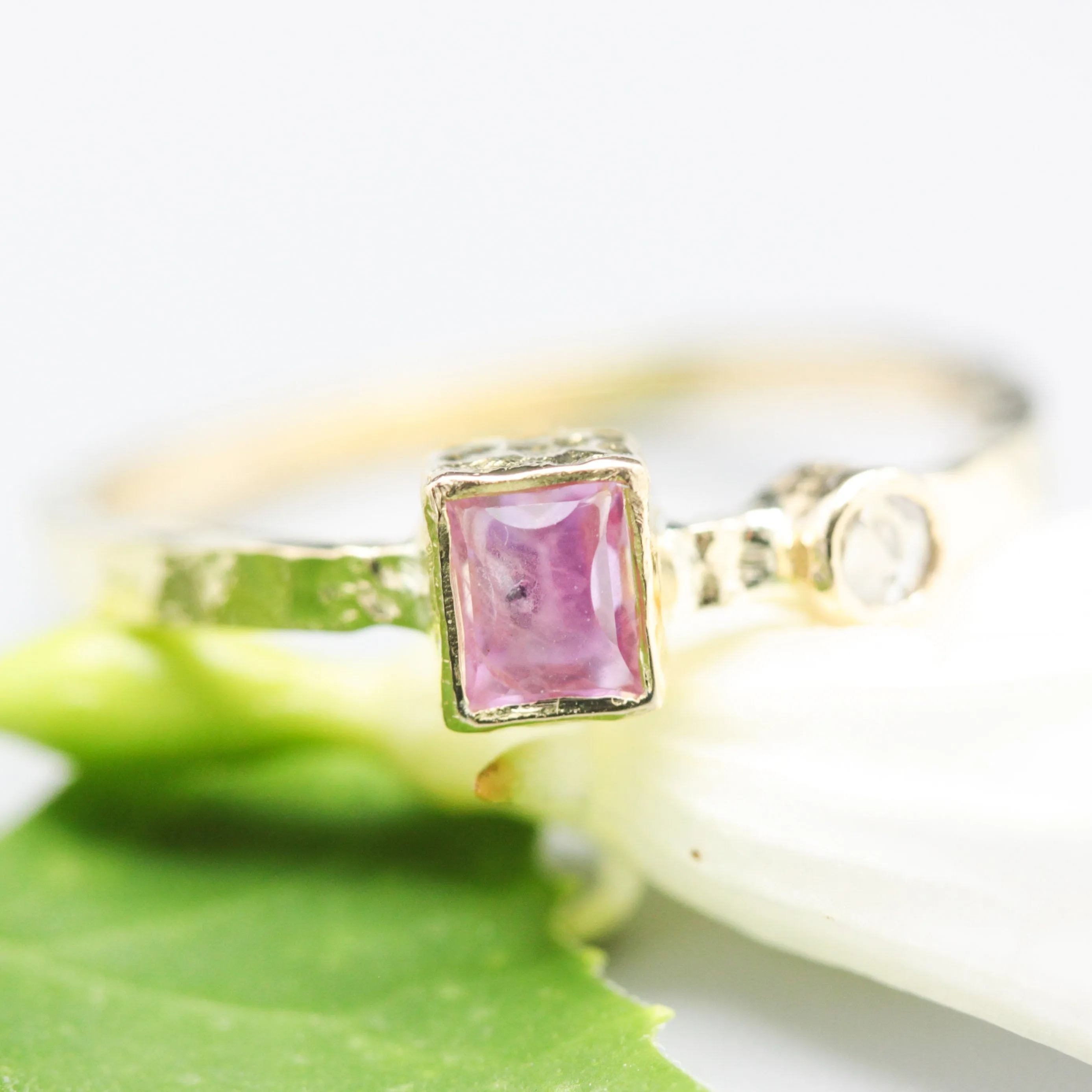 Rectangle Pink sapphire ring and tiny round diamond with 18k gold texture band