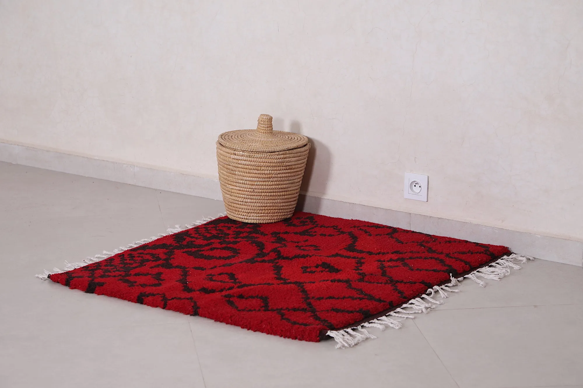 Red and Black Azilal Rug 3.3 x 3.4 ft - Bold Moroccan Design