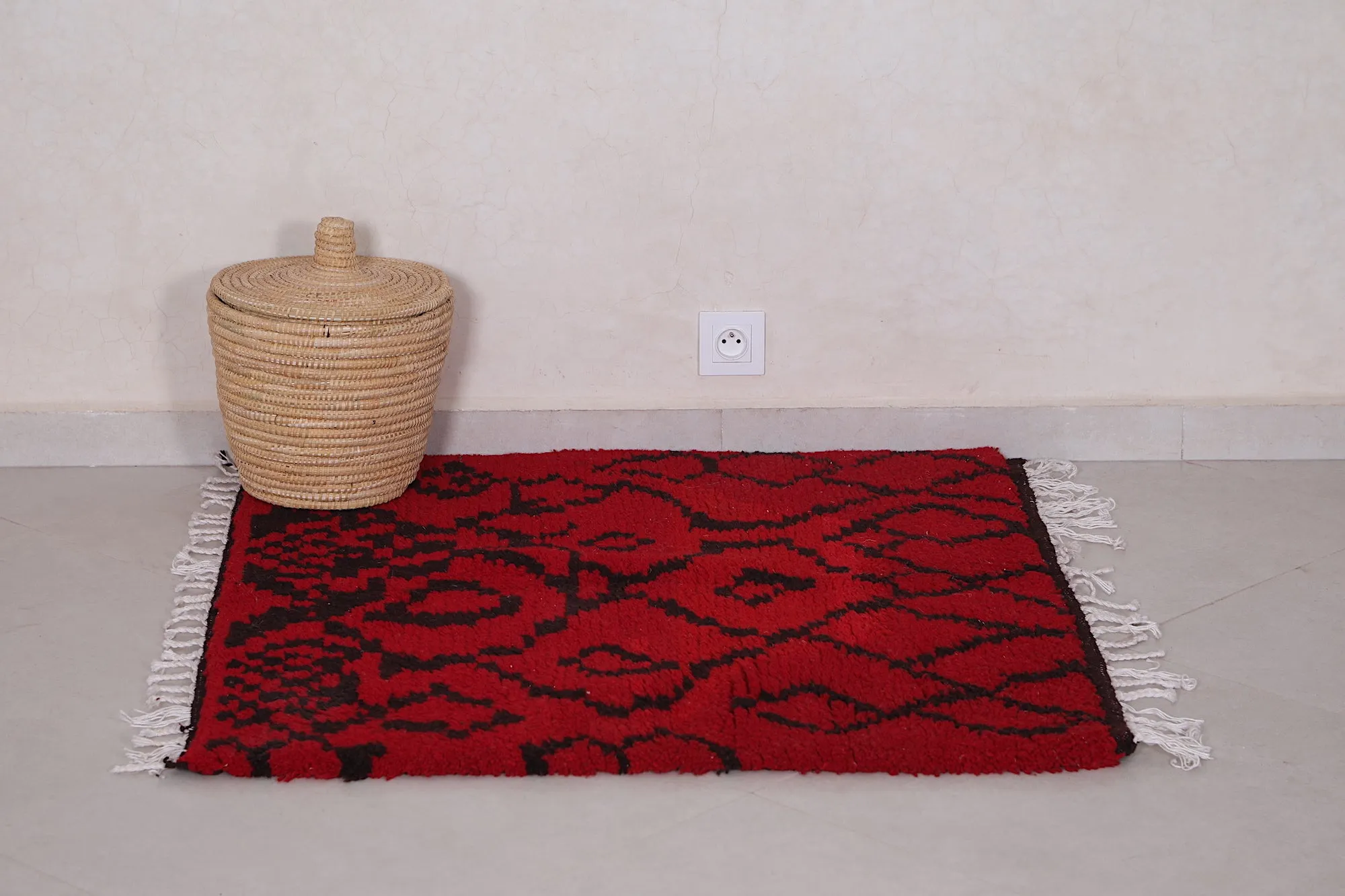 Red and Black Azilal Rug 3.3 x 3.4 ft - Bold Moroccan Design