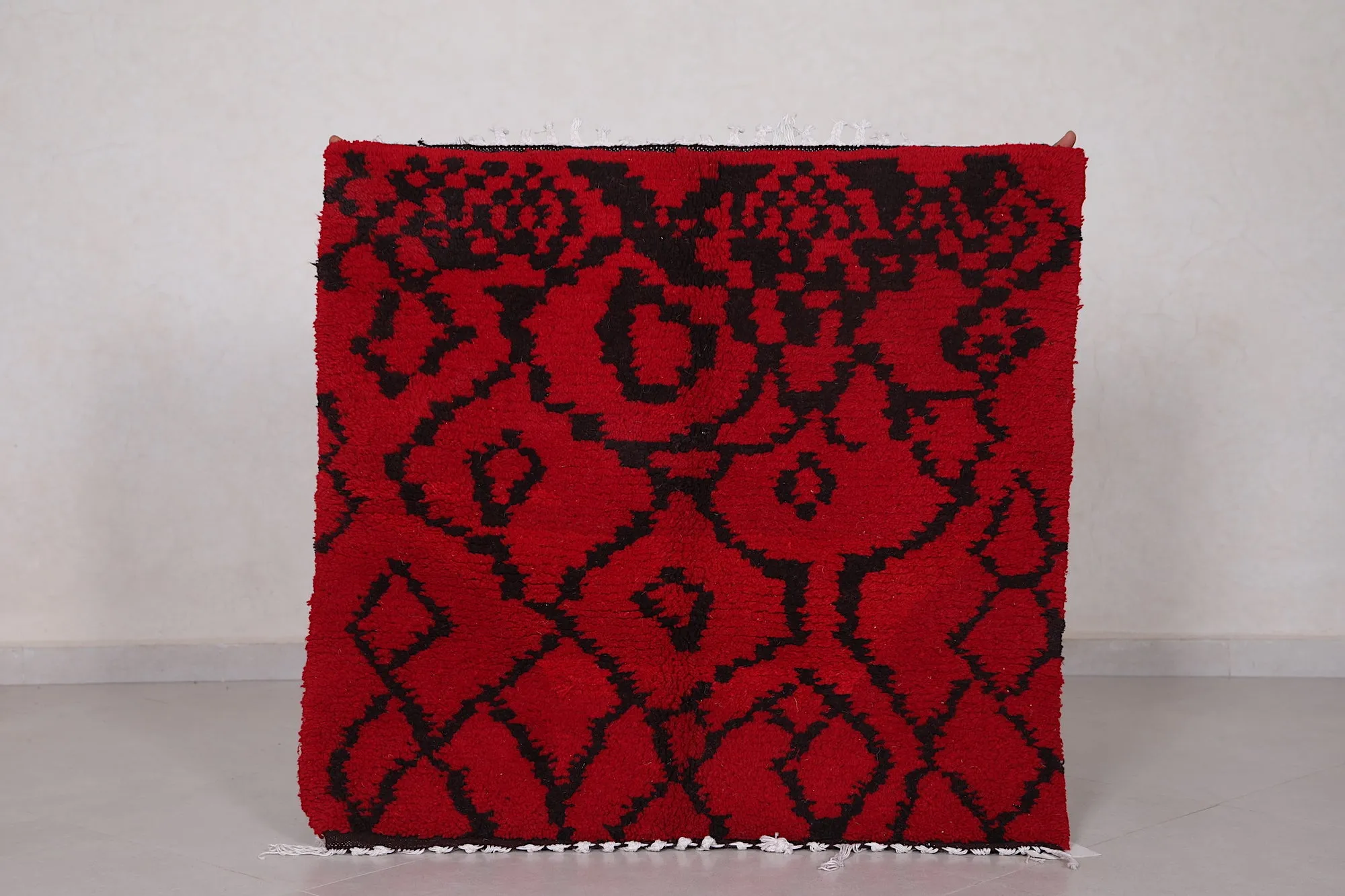 Red and Black Azilal Rug 3.3 x 3.4 ft - Bold Moroccan Design