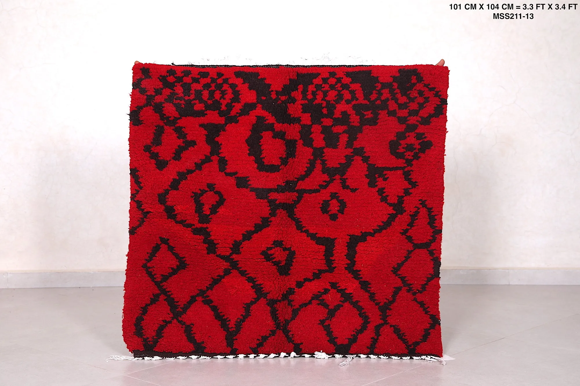 Red and Black Azilal Rug 3.3 x 3.4 ft - Bold Moroccan Design