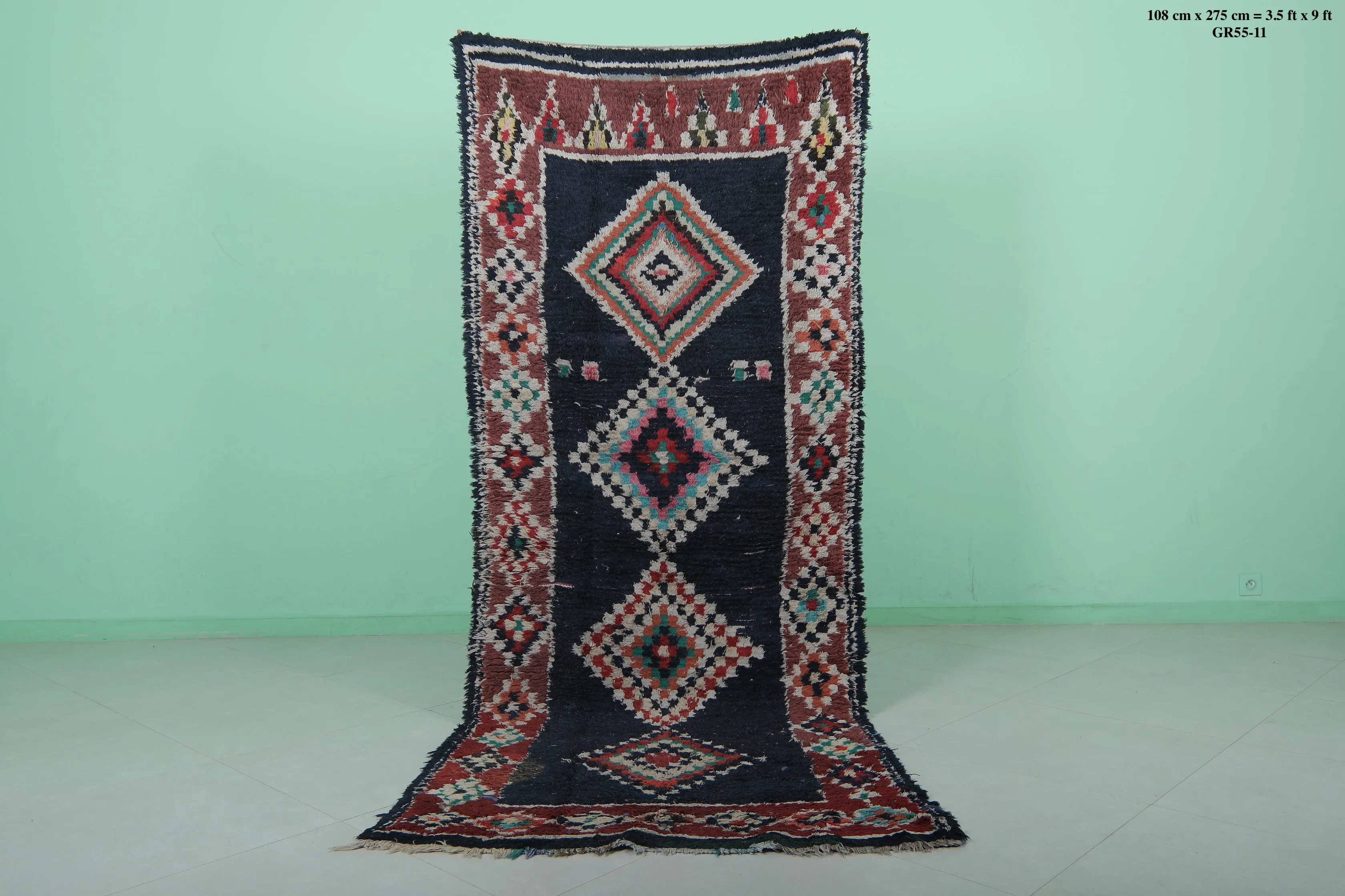 Red and Black Runner Rug - 3.5x9 ft | Handwoven Geometric Design