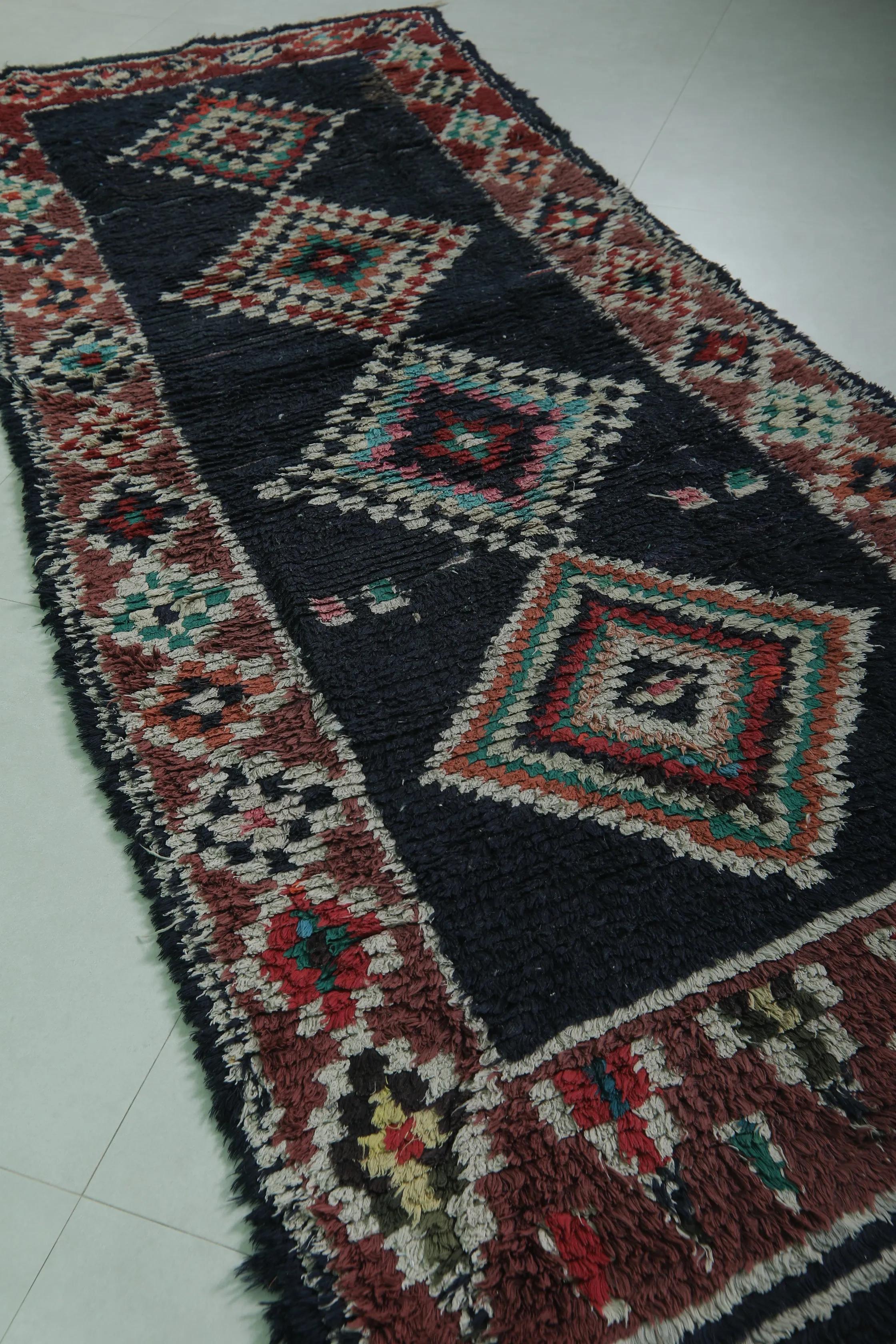 Red and Black Runner Rug - 3.5x9 ft | Handwoven Geometric Design