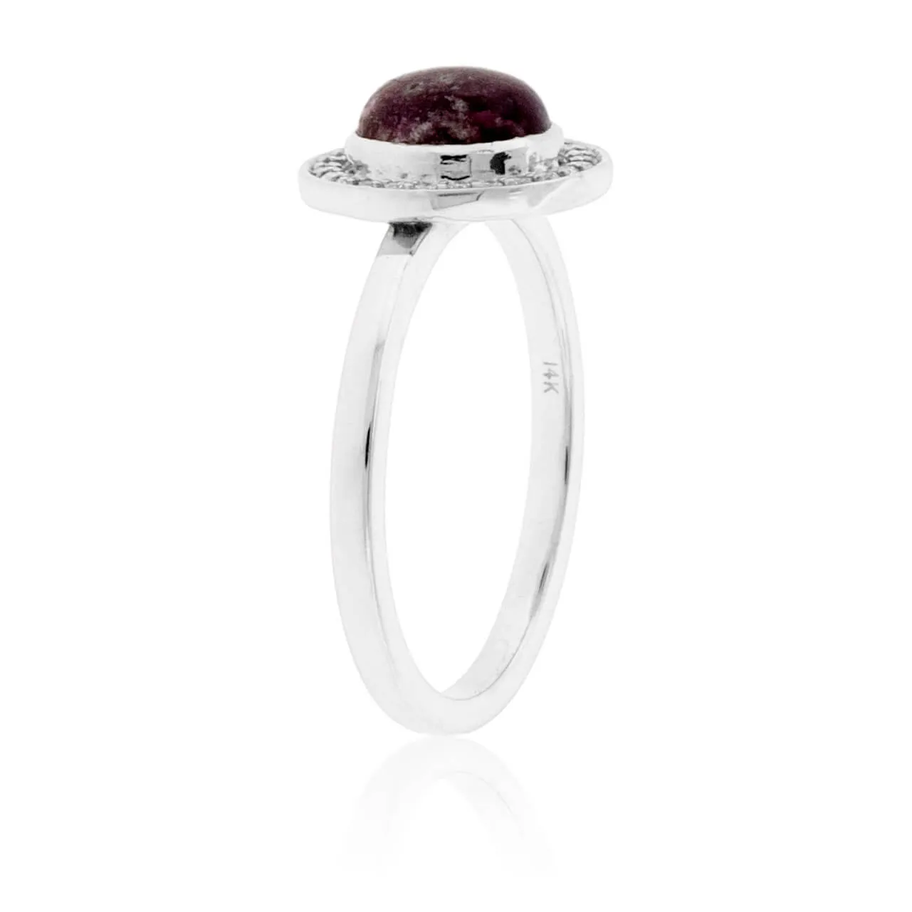 Red Emerald Cabochon with Diamond Halo Ring