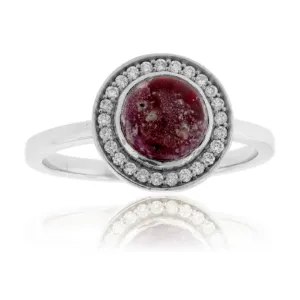 Red Emerald Cabochon with Diamond Halo Ring
