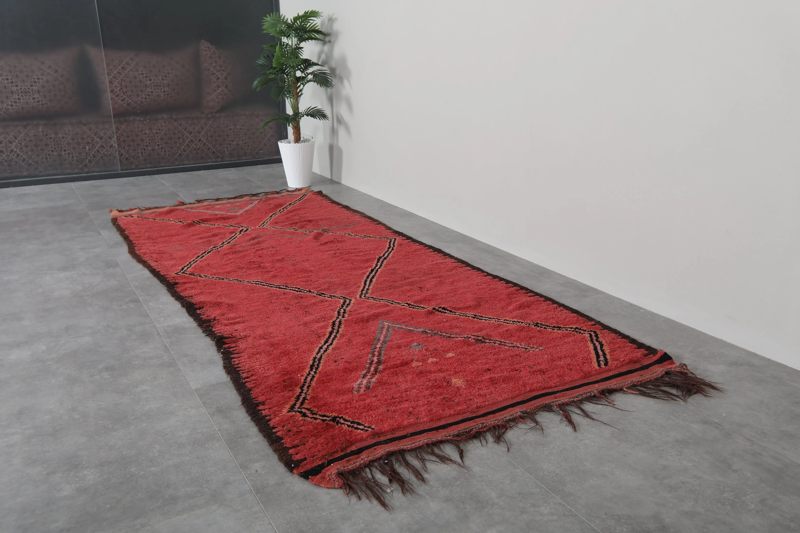 Red Flat Woven Moroccan Kilim Rug – 4.2 x 10.4 Feet | Vintage Berber Carpet