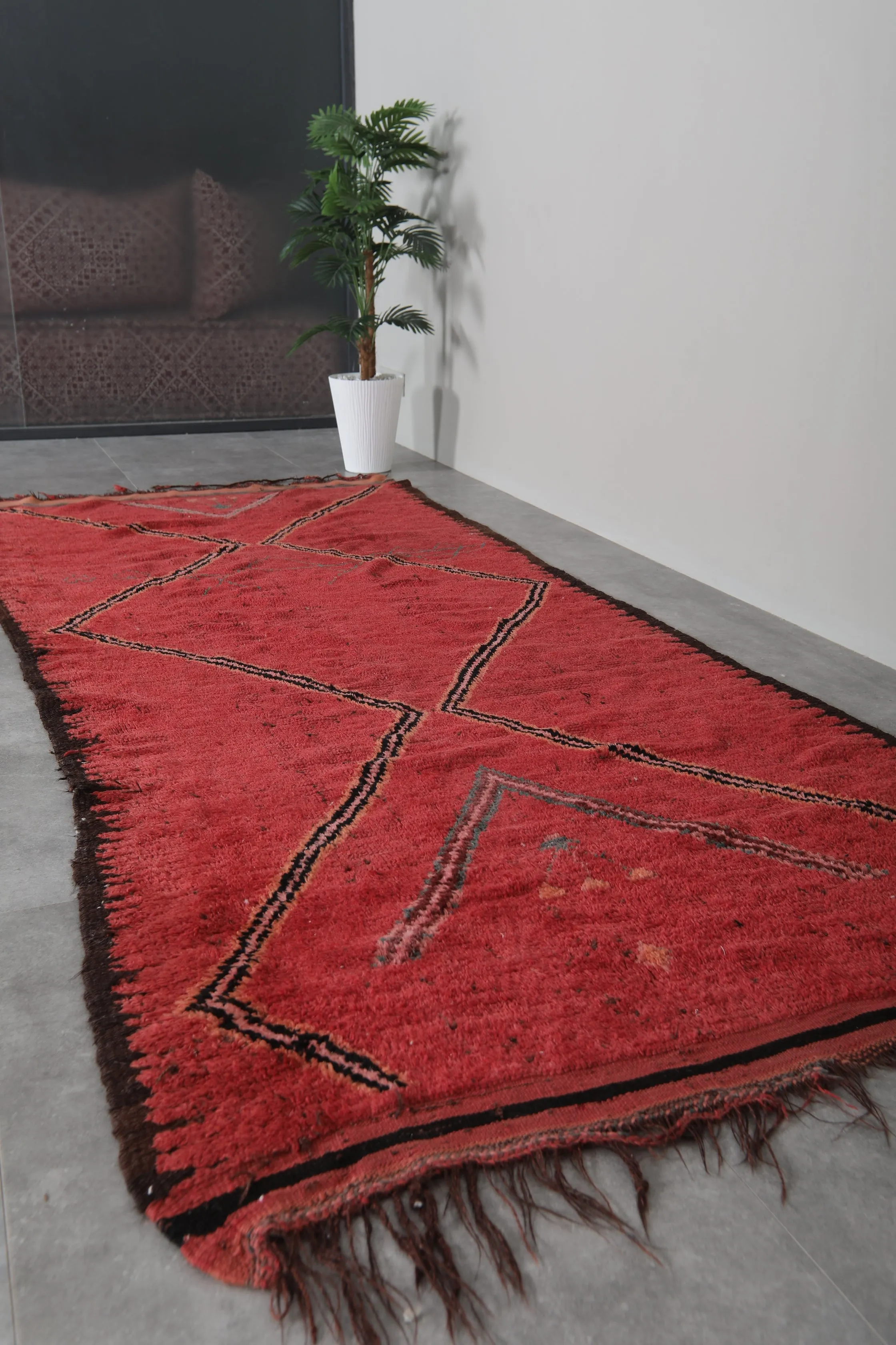 Red Flat Woven Moroccan Kilim Rug – 4.2 x 10.4 Feet | Vintage Berber Carpet