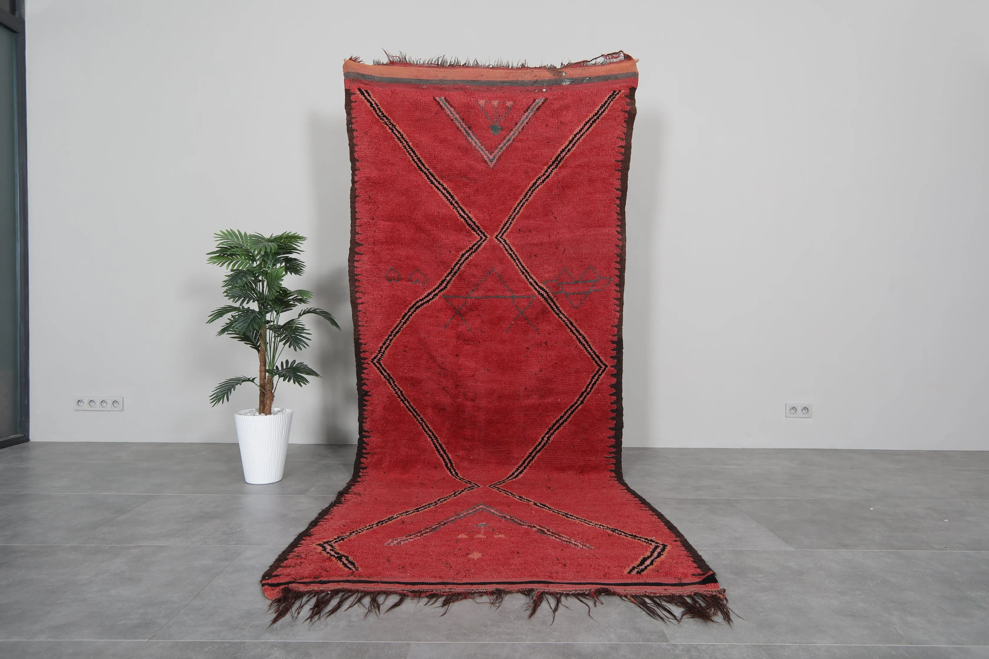 Red Flat Woven Moroccan Kilim Rug – 4.2 x 10.4 Feet | Vintage Berber Carpet